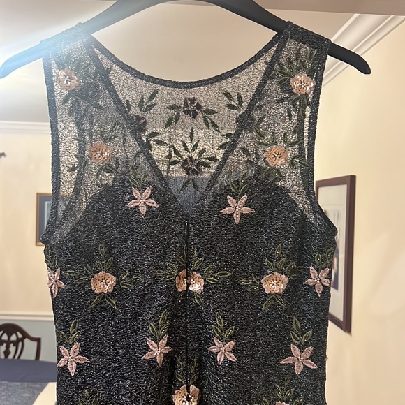 Anthropologie BHLDN Metallic Beaded Floral Maxi Dress Gown w/ Illusion Neckline - Picture 4 of 6